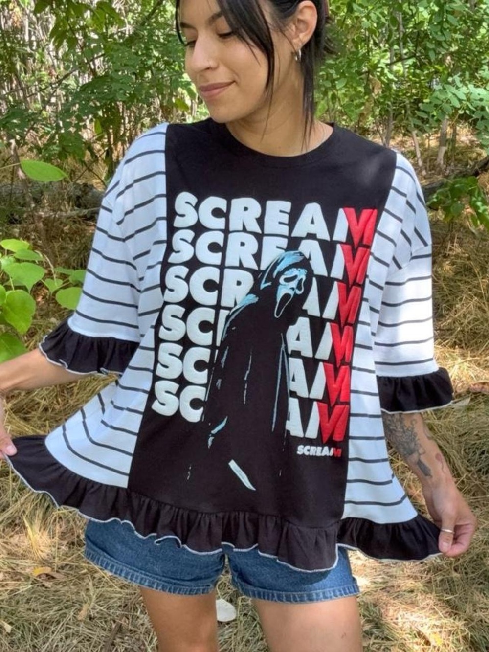 SCREAM Ruffle Striped Blouse Upcycled Horror Movie T-Shirt
